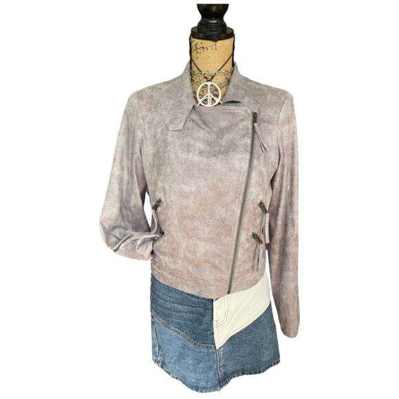 LAVANDER BROWN - NWOT faux leather moto biker jacket crackled gray size SMALL - Picture 6 of 15